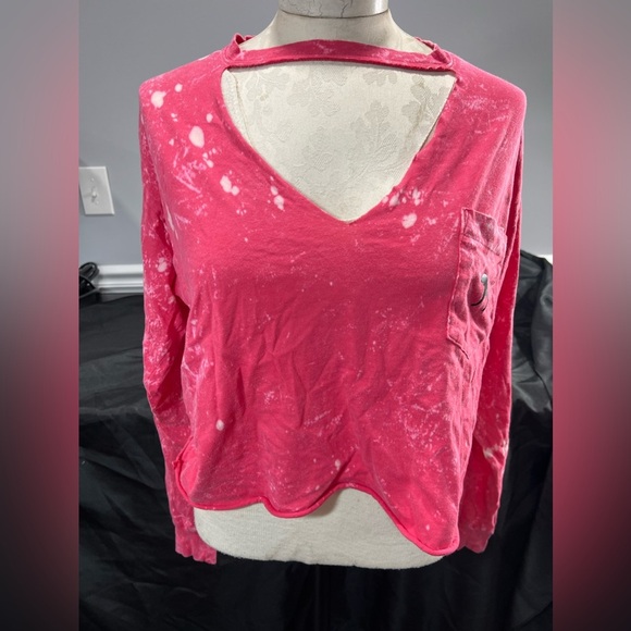 VS Love Pink Bleach Dyed Cut Out Crop Long Sleeve Pink Cotton Top Small Dog Logo - Picture 1 of 8